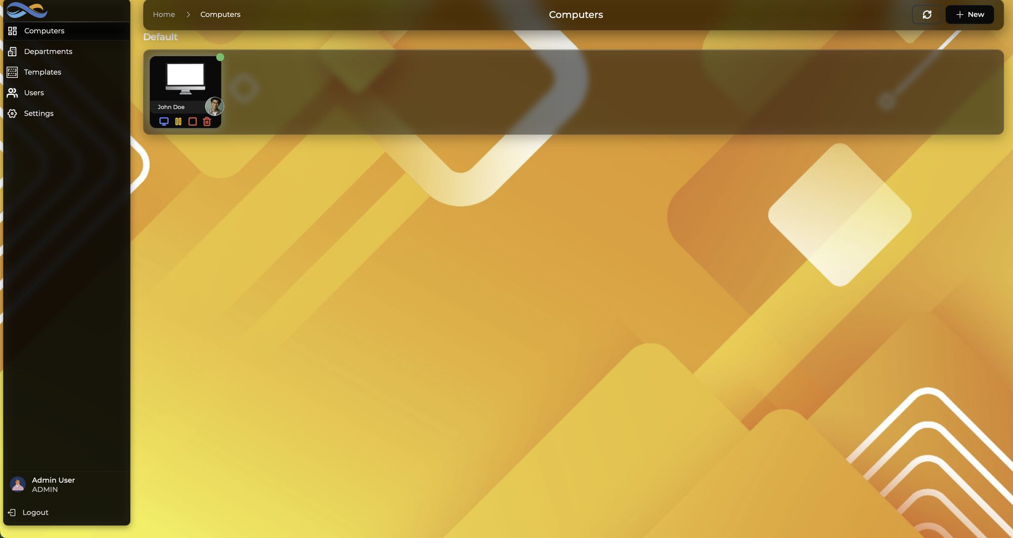 Infinibay VDI dashboard showing virtual machines with active status and resource monitoring