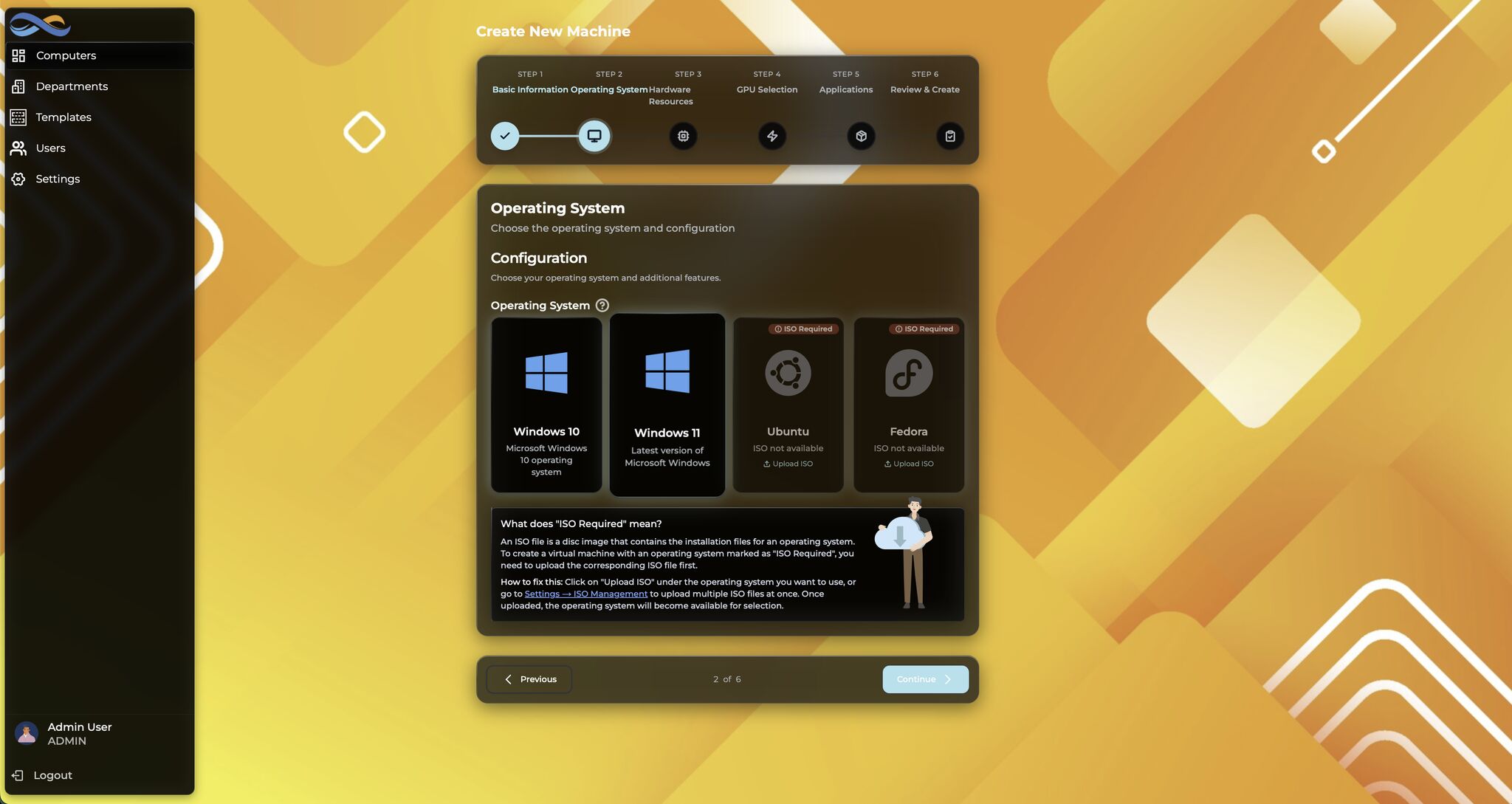 Infinibay VM creation wizard - Step 2: Operating system selection with Windows and Linux options