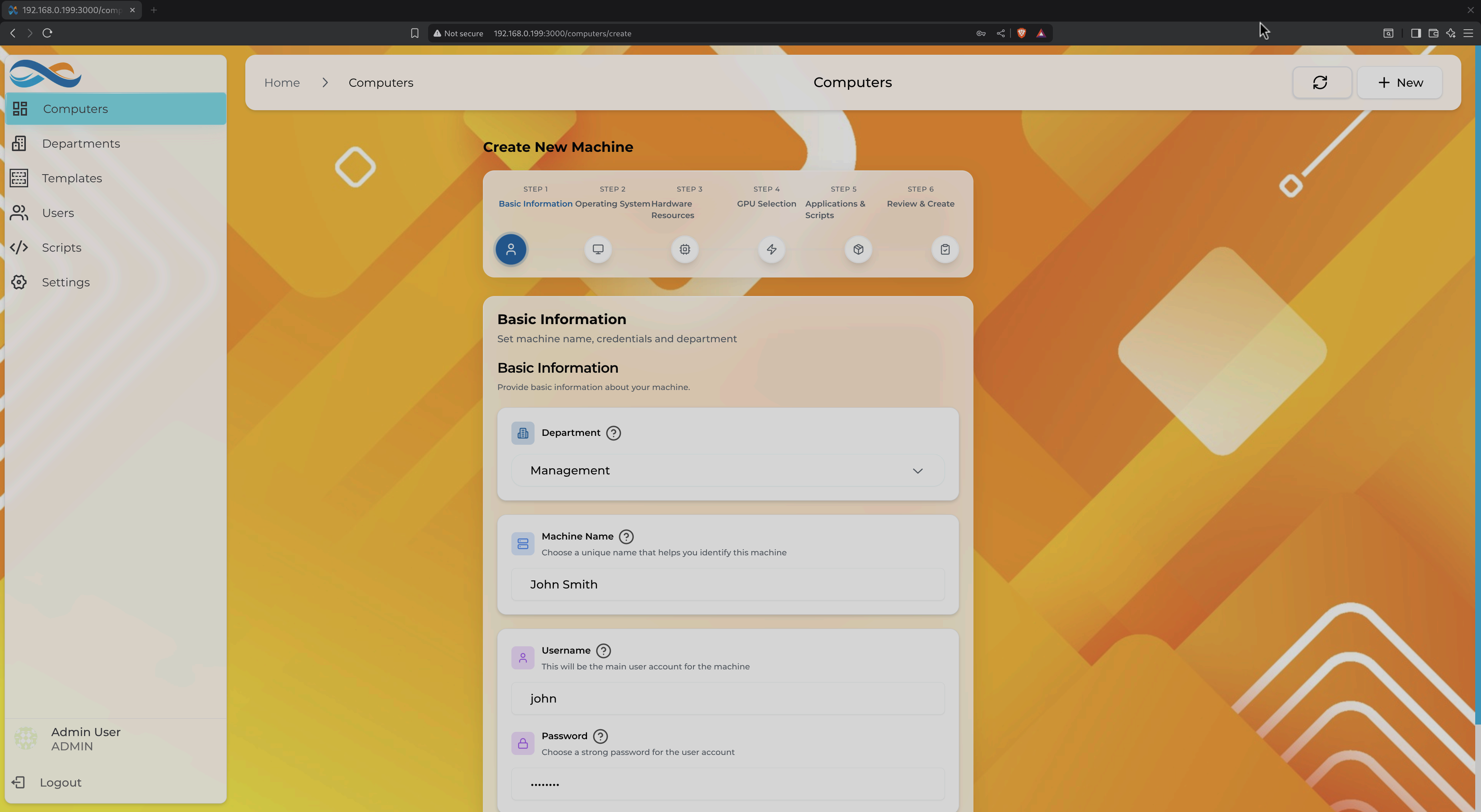 VM creation wizard - Step 1